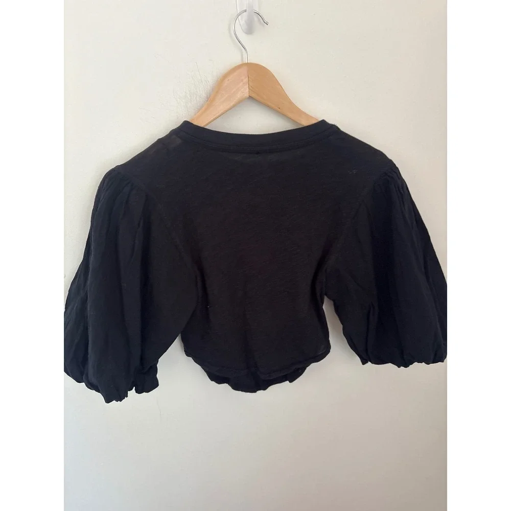 Free People Black Puff Sleeve Ruched Crop Top XS Slub Knit Balloon Sleeve Boho